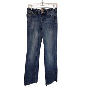 Enyce Womens Blue Denim Bootcut Jeans Medium Wash Embellished Pockets Distressed